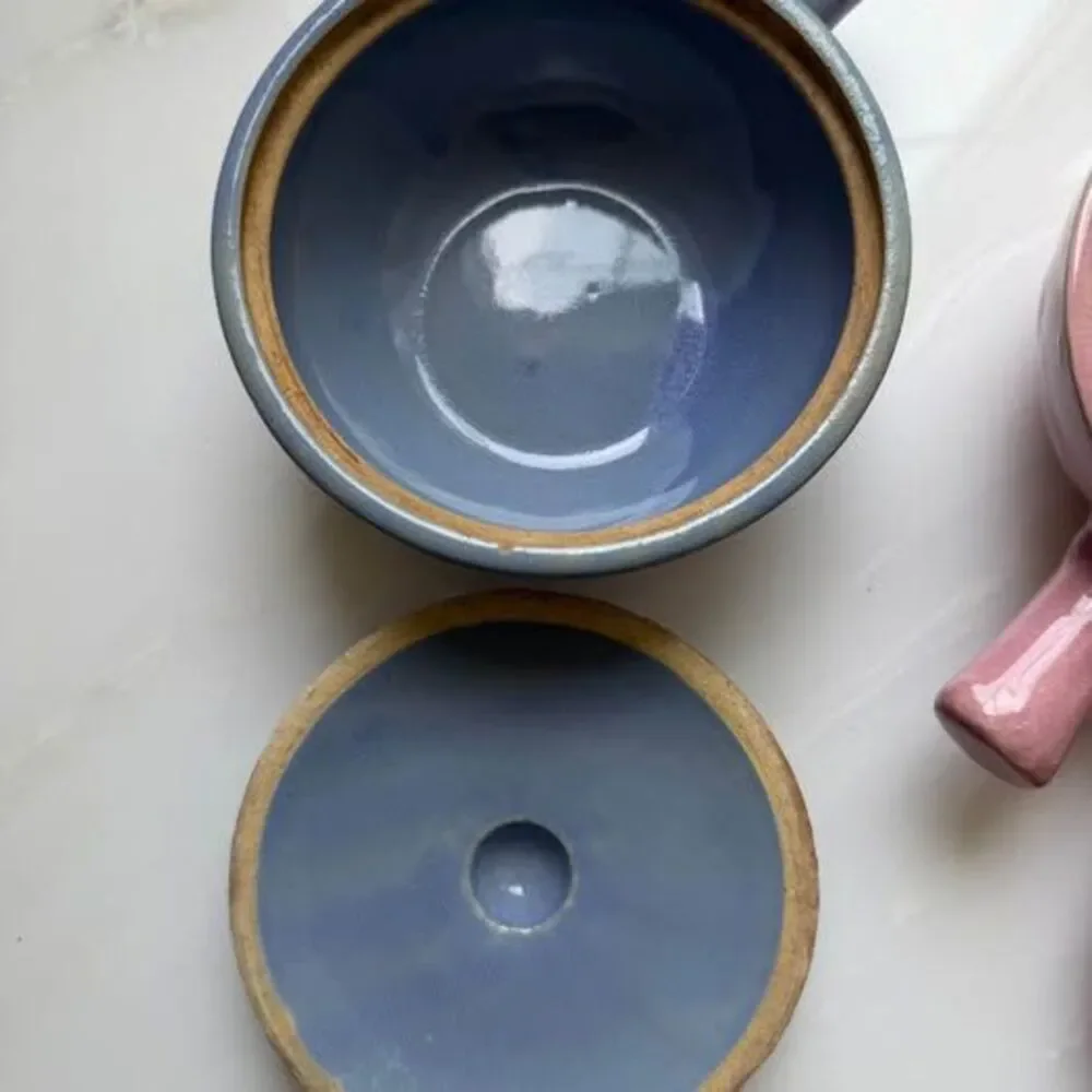 Vintage 1950’s BluePink Stoneware Casserole Soup Bowl Handle & Lid Made IN USA
